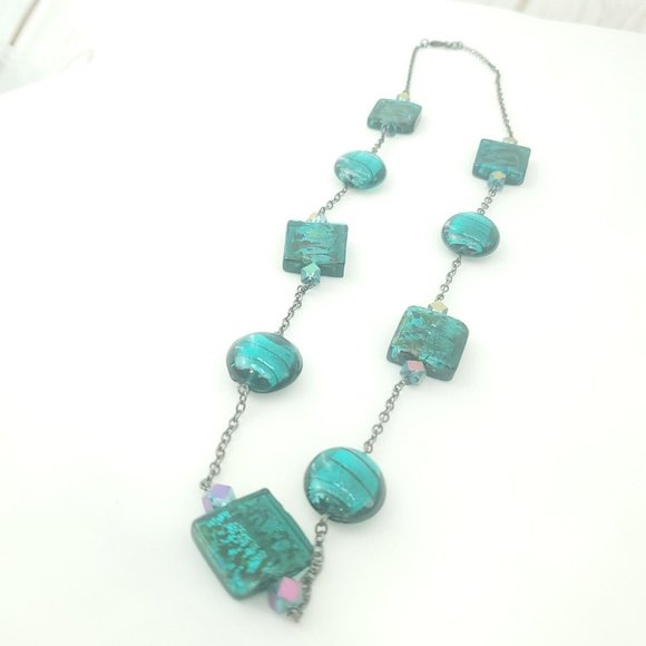 Womens Turquoise Aqua Stone Lobster Clasp Oval Link Chain Beaded Necklace - Picture 1 of 11